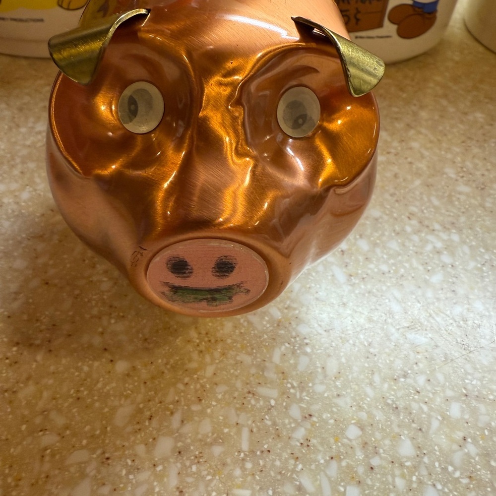 Vintage 1970’s Copper Piggy Bank with Gold Accents Copper Pig - Picture 2 of 13